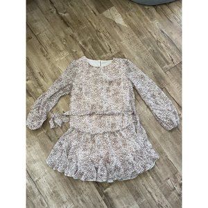 Shein Womens Midi Dress Size M Brown Cream Ditsy Floral Waist Tie Lantern Sleeve